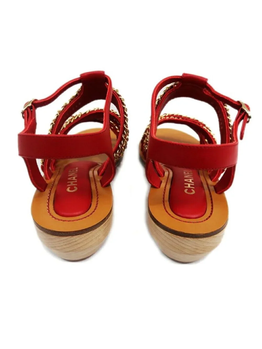 Chanel CC Logo Chain Sandals 38C Brown Red Shoes